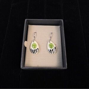 Homemade Bear Paw Dangle Earrings, White & Green Inlay, Sterling Hooks